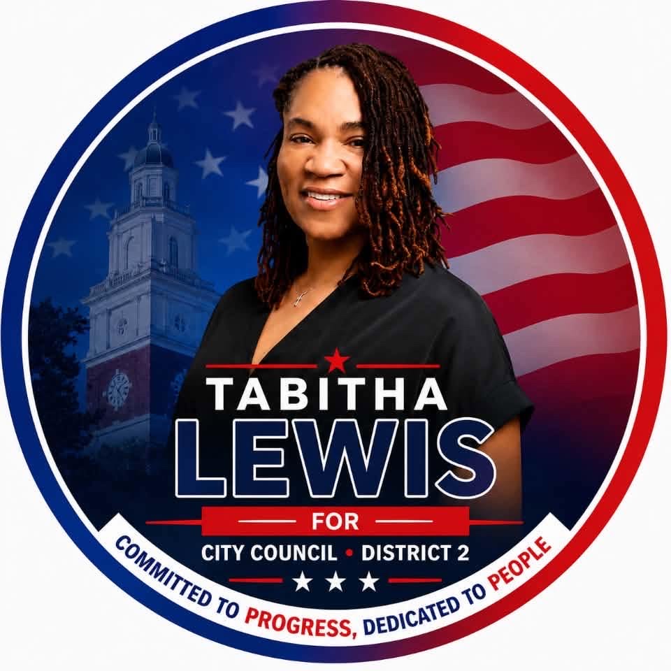 Tabitha Lewis for City Council, District 2 campaign badge, with the LaGrange College bell tower and an American flag in the background. Committed to Progress, Dedicated to People.